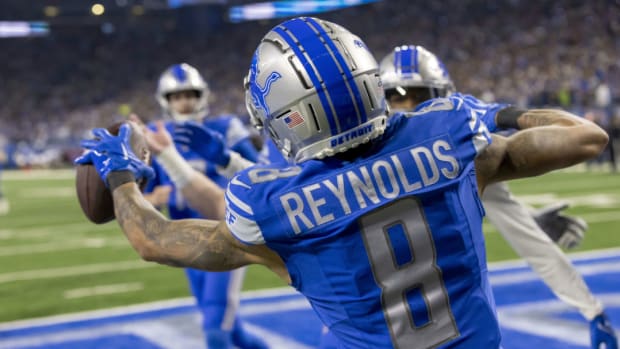 Detroit Lions wide receiver Josh Reynolds celebrates a touchdown.